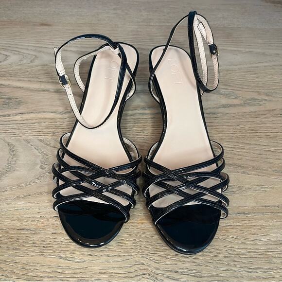 LOFT Ankle Strap Cage Sandals Black Patent Kitten Heel Women’s Size 7.5 - Picture 3 of 6